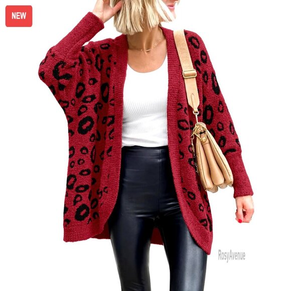 Sweaters - Leopard Print Cardigan Oversized Batwing Sleeves Open Front Knit Sweater